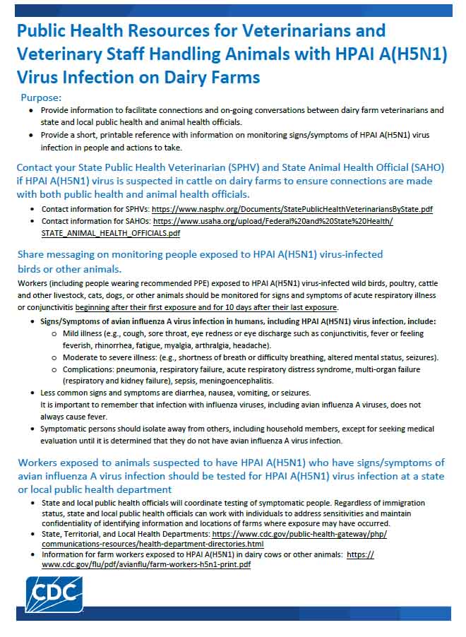 Public Health Resources for Veterinarians and Veterinary Staff Handling Animals with HPAI A(H5N1) Virus Infection on Dairy Farms