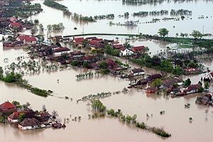 A flooded town.