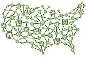 Pictorial of germs linking with one another in the shape of the United States.