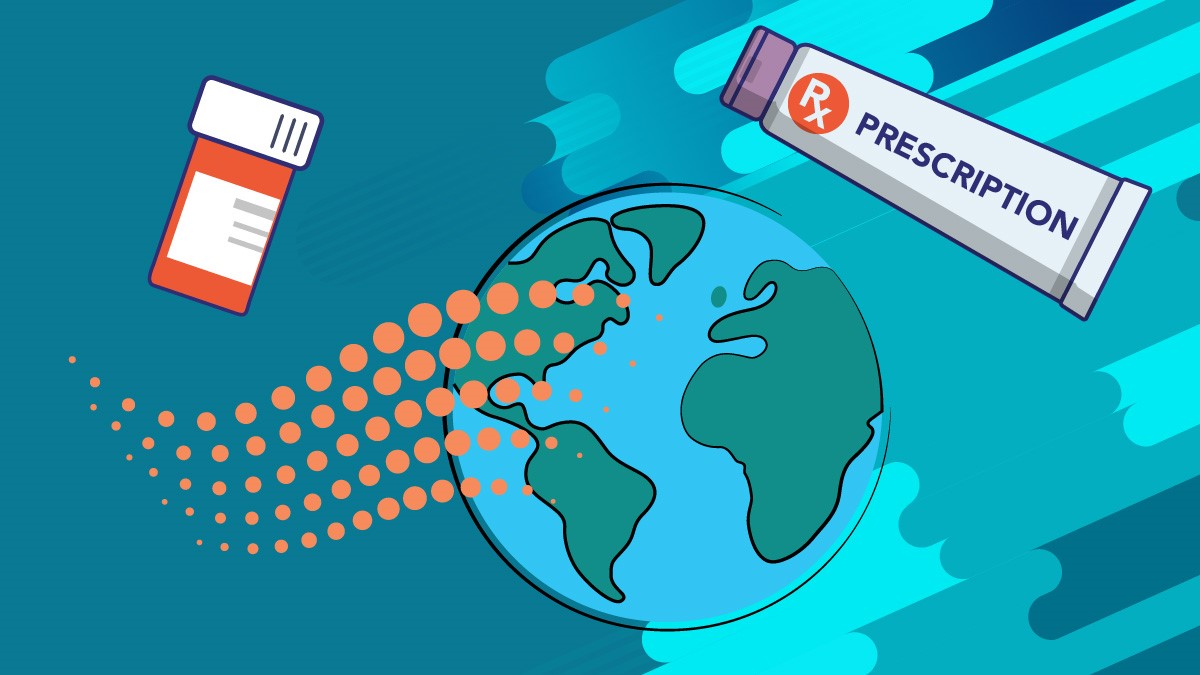 An image of the globe with a medicine bottle and a tube of antifungal cream with the word "prescription" on it.
