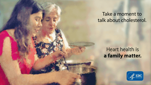 AHM-Infocard-Week3 Take a moment to talk about cholesterol. Heart health is a family matter. Image of a mother and daughter cooking together.