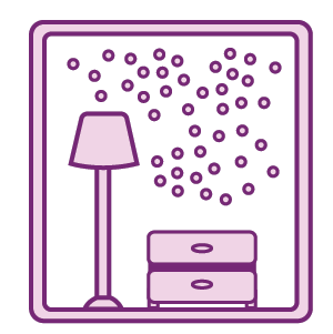 ilustración de microbios flotando cerca de una lámpara y un mueble.