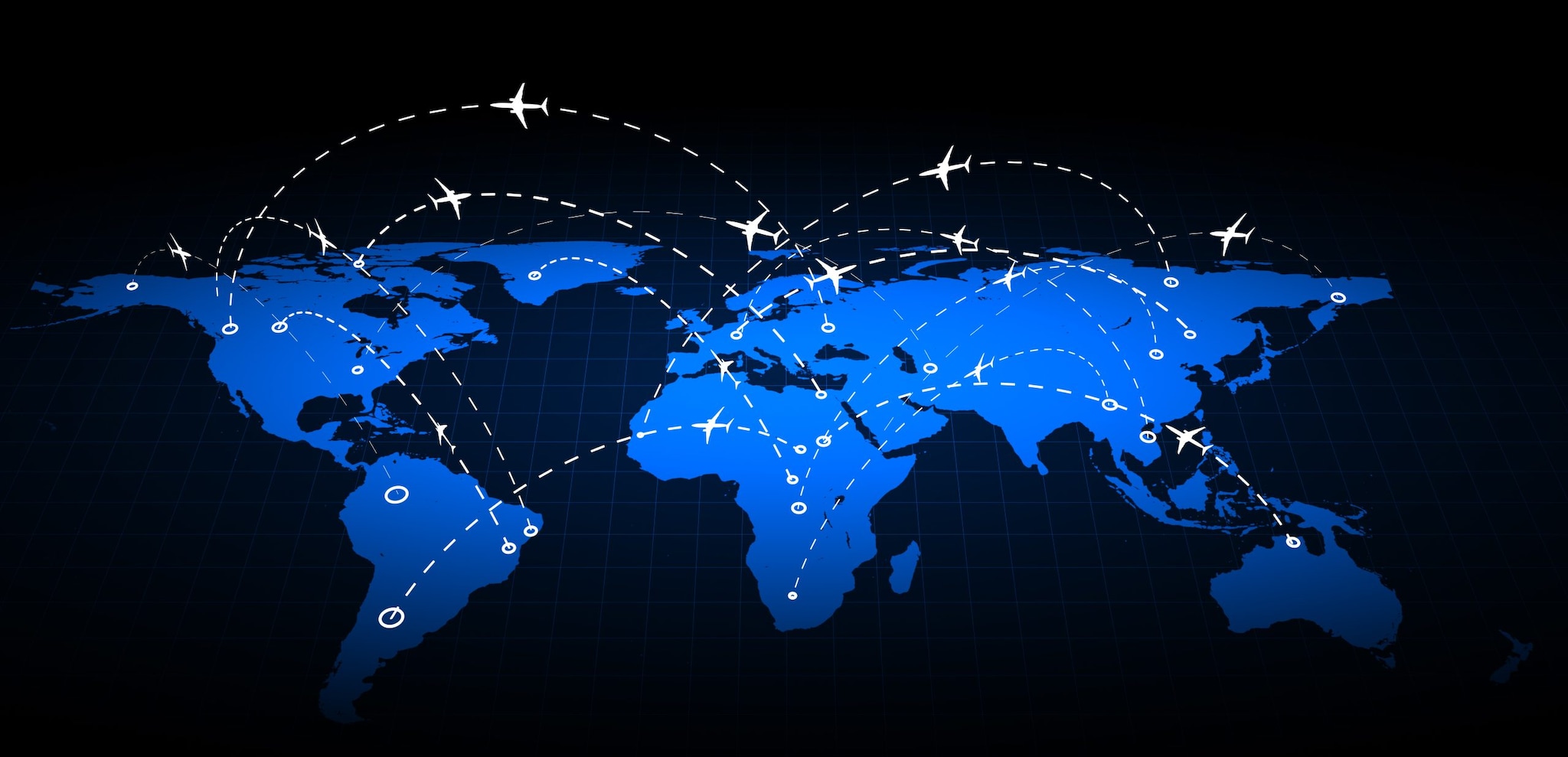 Mapa con aviones viajando alrededor del mundo.