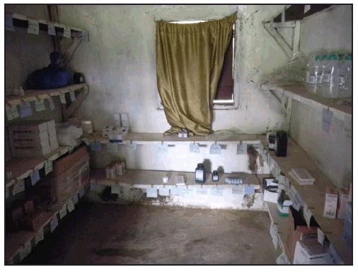 The figure above is a photograph showing mostly empty shelves in a clinic lacking essential drugs in Gblorseo Town, Rivercess County, Liberia, during September 2014. 