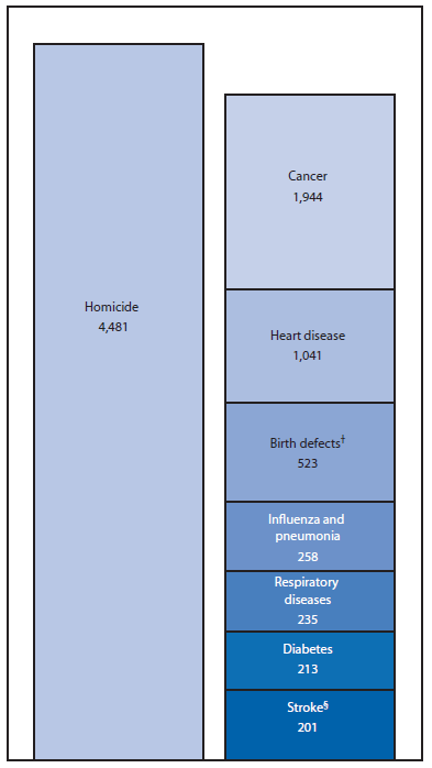 The figure above is a chart showing the third leading cause of death (homicide) among persons aged 10-24 years compared with the fourth through tenth leading causes of death in the same age group in the United States in 2013.