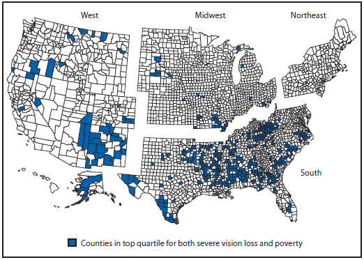 The figure above is a map of the United States showing counties in the top quartile for both severe vision loss and family income  below poverty level in the United States during 2009-2013.
3. CDC. Healthy Vision Month-May 2012. MMWR Morb Mortal Wkly Rep 2012;61:328.  
https://www.cdc.gov/mmwr/preview/mmwrhtml/mm6118a4.htm
