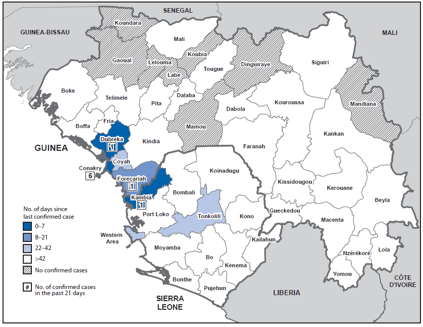 The figure above is a map showing the number of days since the last confirmed case of Ebola virus disease and number of confirmed cases in the past 21 days in Guinea and Sierra Leone during August 7-30, 2015.