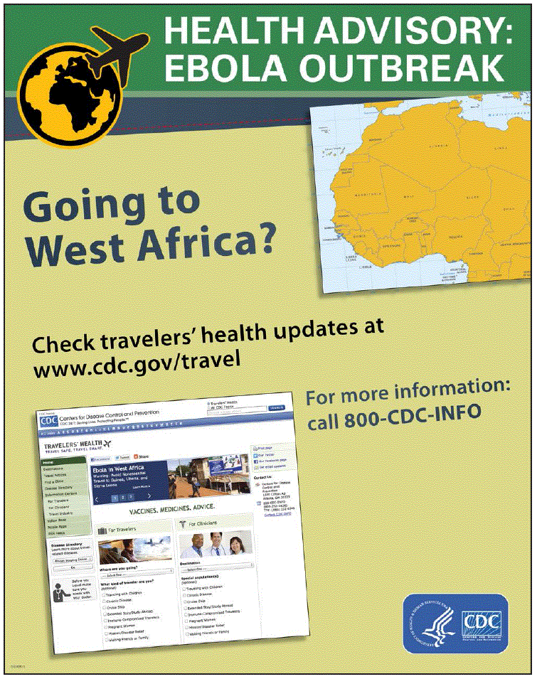Messages displayed on posters in United States airports for persons traveling to countries with Ebola outbreaks advised them to look for health information on the CDC Travelers’ Health Website (https://www.cdc.gov/travel) or to call CDC’s public information hotline (800-CDC-INFO). Messages displayed for travelers leaving countries with Ebola outbreaks and for travelers from those countries arriving in the United States advised the travelers to watch for symptoms for 21 days, to call a doctor if they felt sick, and to tell the doctor they had recently been in a country with Ebola.