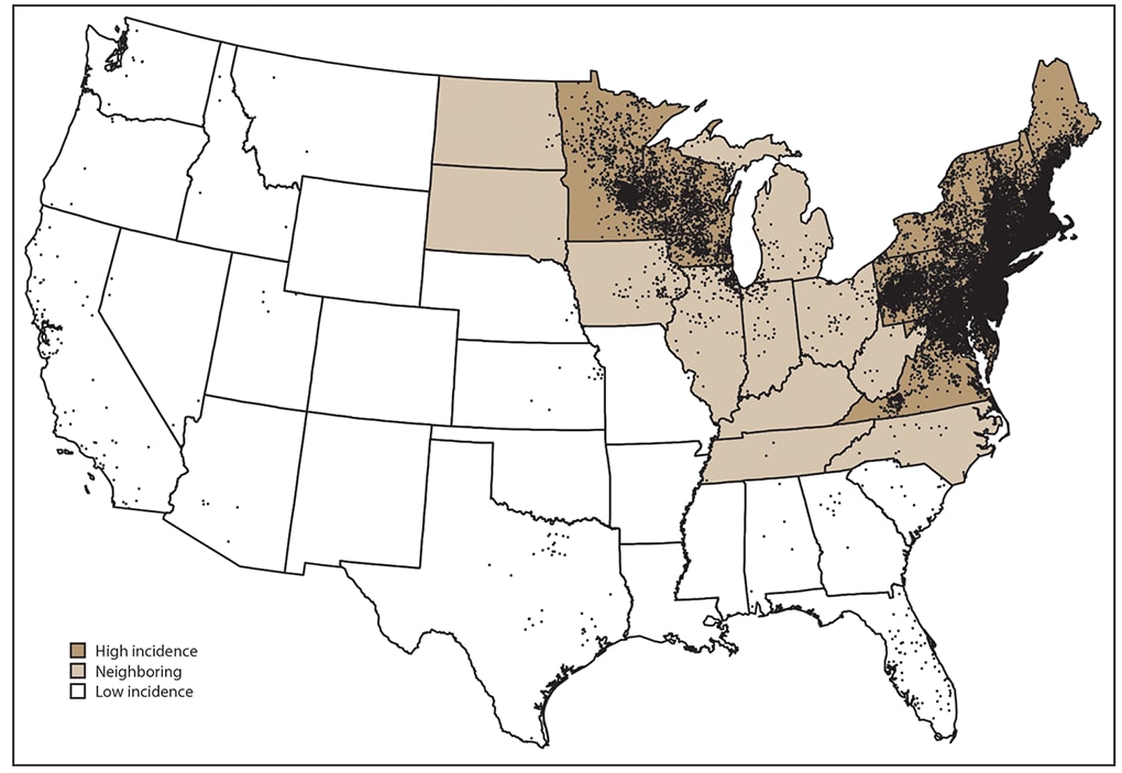 Map of the United States shows the average number of confirmed cases of Lyme disease by county of residence for the years 2008 to 2015. States with an average annual incidence ≥10 confirmed Lyme disease cases per 100,000 population were classified as high incidence, states that share a border with those states or are located between states with high incidence were classified as neighboring, and all other states were classified as low incidence.