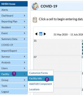 COVID-19 Module homepage. Find Facility tab on the left navigation bar. Click facility info