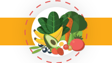— title missing — Gold bar with circle in middle. Circle has a drawing of fruits and vegetables.