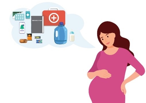 Pregnant woman with thought bubble filled with emergency items including first aid kit, water, medication, etc.