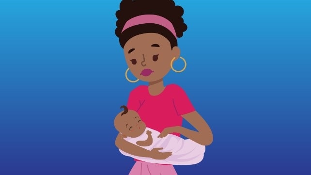Woman looking sad holding newborn baby.
